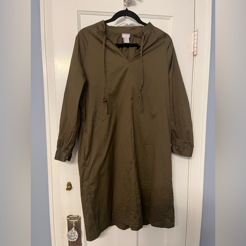 Chico's Wome’s Olive Green Cotton Poplin Shift Dress Knee Work Casual Large